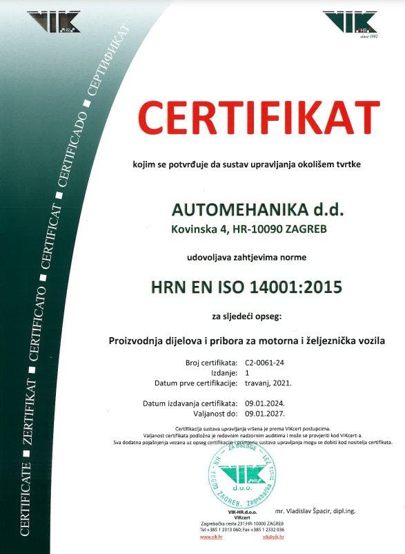Certifikat ISO 14001 Automehanika